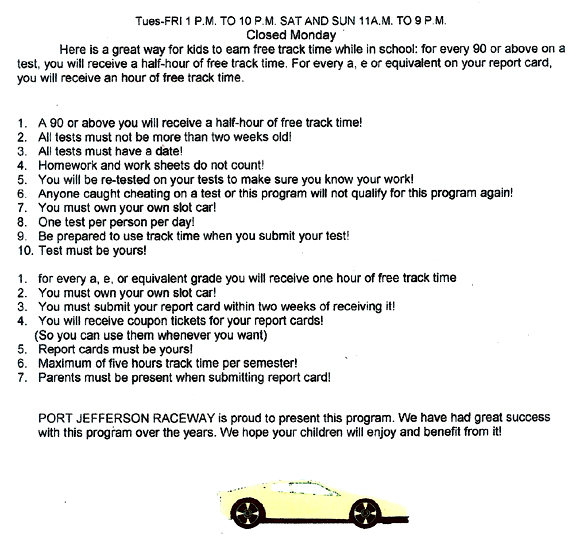 Port Jefferson Raceway * Slot Car Racing * Birthday Parties * 631.696.7721